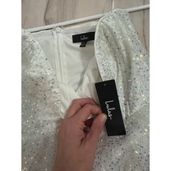 Lulus Noteworthy Shine White Iridescent Sequin Strapless Mini Dress size large - Picture 4 of 4